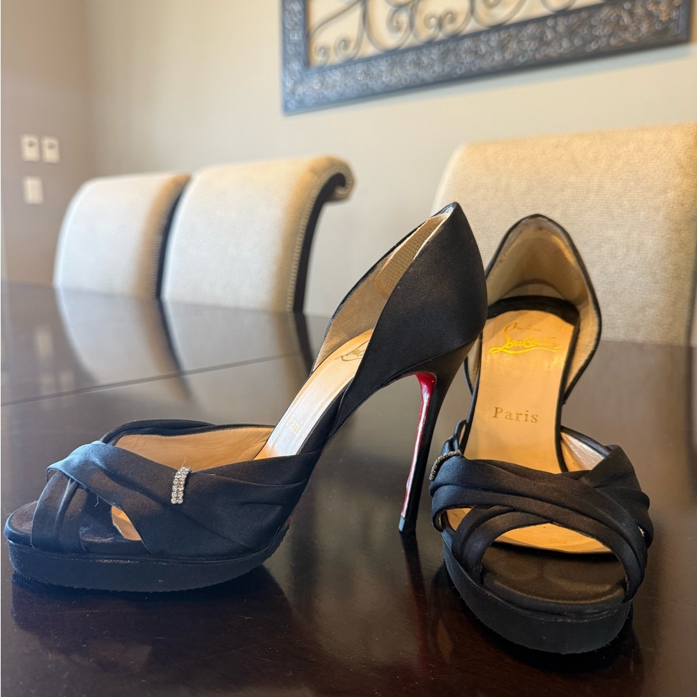 Christian Louboutin D’orsay tres Ophrahs Black Satin Heels